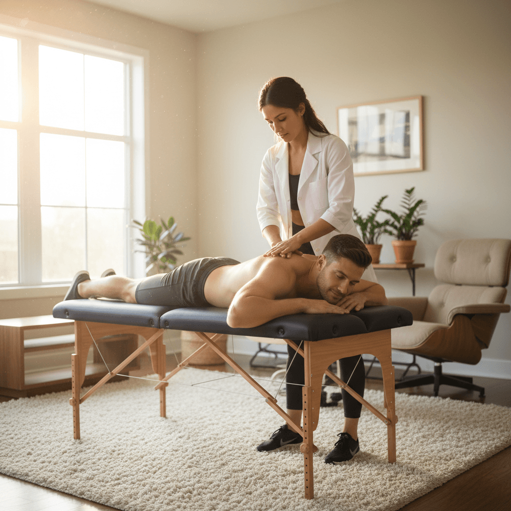 Physical therapist treating patient at home