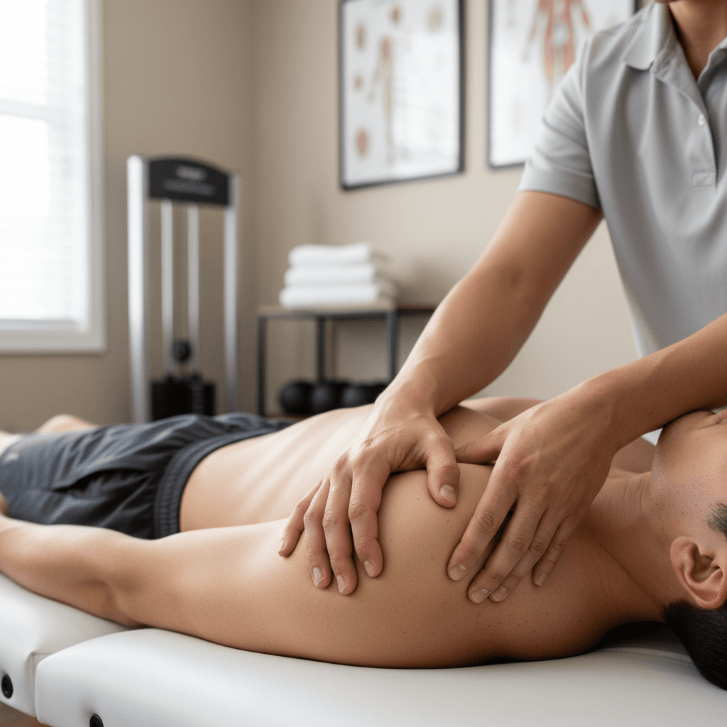 Physical therapist working with athlete